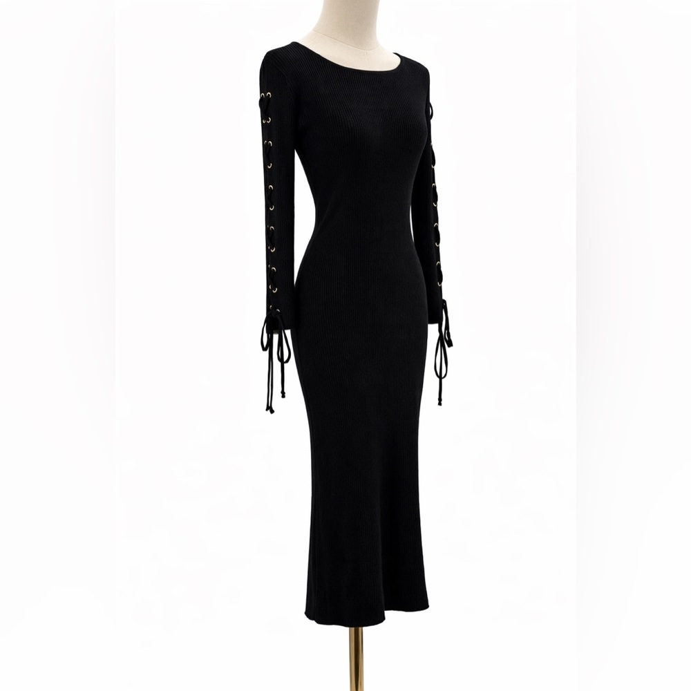 Nina Leonard Black Ribbed Knit Bodycon Long Sleeve Lace-Up Detail Sweater Dress - Picture 2 of 14